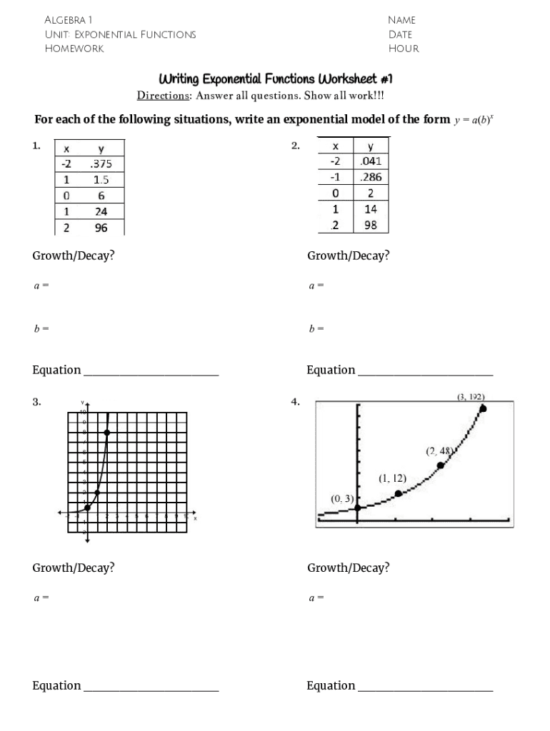 Algebra 1 Exponential Functions Worksheet